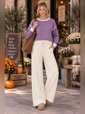 Zenana Light Eggplant purple French Terry Cotton Long Sleeve Pullover Top